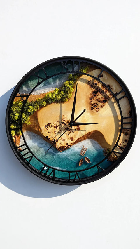 Moss Wood Wall Clock, Metal and Wooden Wall Clock, Wooden Wall Clock & Moss Wall Art, Epoxy Resin Clock, Preserved Stabilized Moss