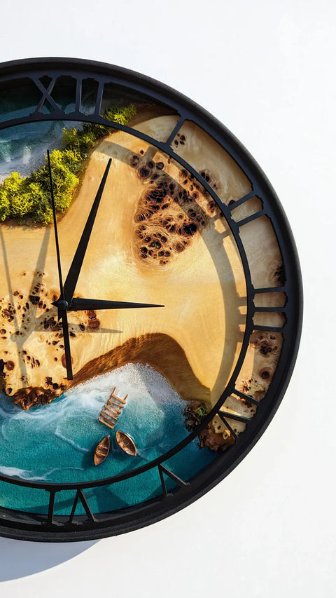Moss Wood Wall Clock, Metal and Wooden Wall Clock, Wooden Wall Clock & Moss Wall Art, Epoxy Resin Clock, Preserved Stabilized Moss