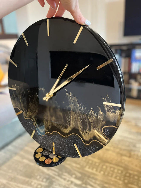 Epoxy resin wall clock Modern black and gold clock unique by epoxy resin art 60th birthday gift for men